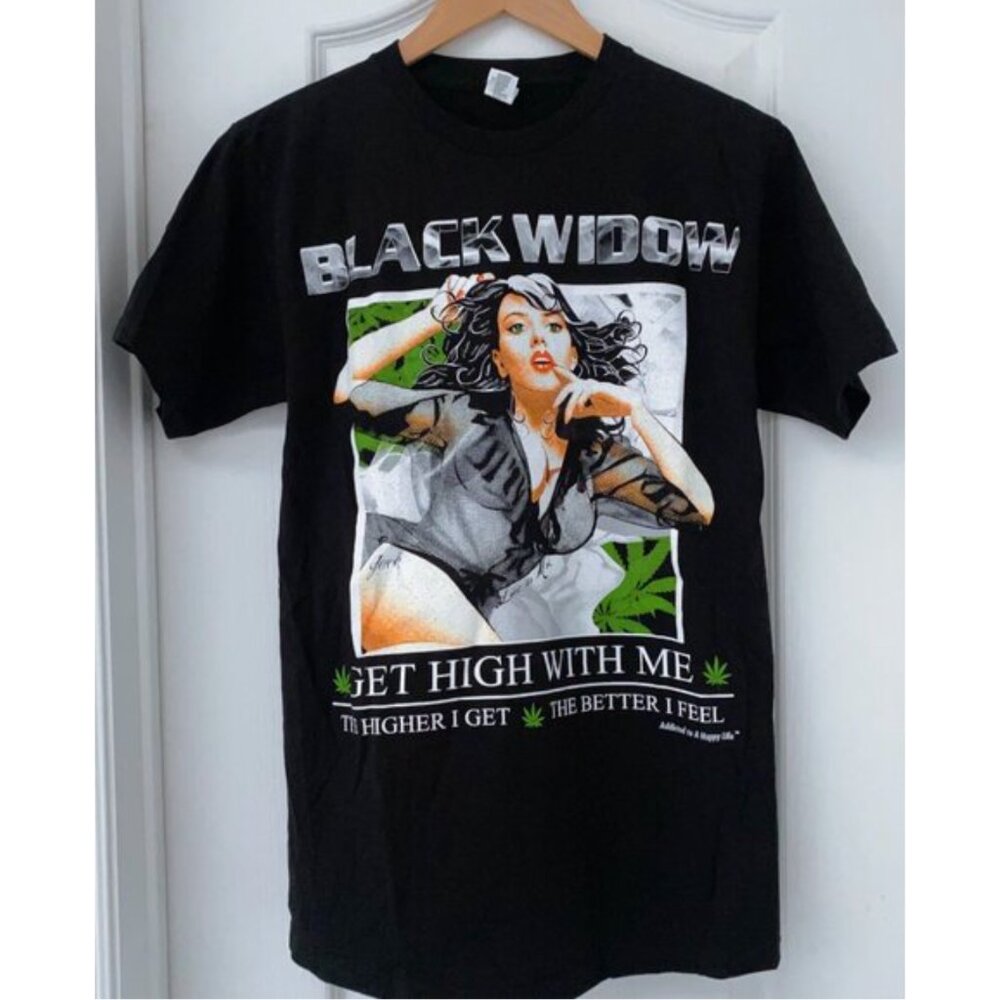 🧿 3 forUNISEX S - Black Widow Pin-Up “Get High With Me” Graphic T-Shirt - Black